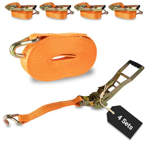 Rapid Langhebel Spanngurte mit Ratsche 4 Stück - 50mm x 8m zweiteilig/bis zu 5000kg belastbarer reißfester Zurrgurt/schnelle, sichere Zurrgurte mit Ratsche orange/Zurrschlaufen für 5000 daN (5t)