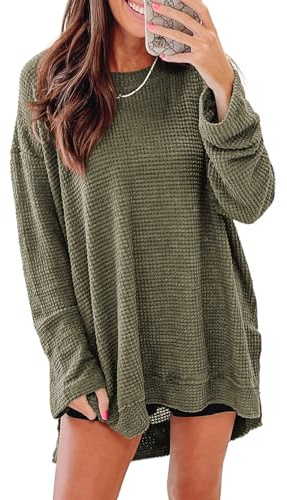 SHEWIN Spring Tops for Women Crew Neck Oversized Shirts for Women Lightweight Waffle Knit Tops Casual Long Sleeve Shirts Pullover Teacher Outfits Womens Sweatshirt,(US 8-10) M,Green