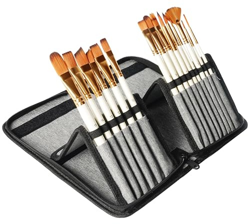 Kurtzy 15-Teiliges Aquarell Pinsel Set mit Etui - Nylonhaar-Pinselset Acrylfarben, Aquarell-, Gouache-, Ölgemälde & Miniaturmalerei