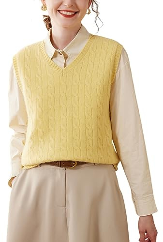 E-girl Damen Kaschmir-Mischung Pullunder Gelb V-Ausschnitt Ohne Arm Pullover Zopfmuster Relaxed Dicker Kaschmir&Wolle Pullunder,42,ESP2333