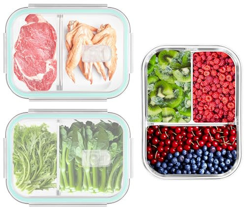 LXUDN Meal Prep Boxen 2 Fächer & 3 Fächer - Mealprepboxen Glas (3 Behälter + 3 Deckel) - Vorratsdosen Glas mit Deckel BPA-Frei - Lock & Lock Glas - Glasbehälter Meal Prep Dosen