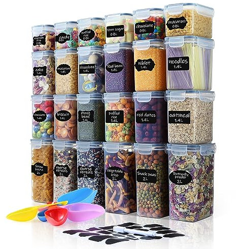 Hibisaws Set di 24 scatole portaoggetti per cucina, scatola ermetica per alimenti, scatola alimentare in plastica per cucina, conservazione degli alimenti per farina, cereales