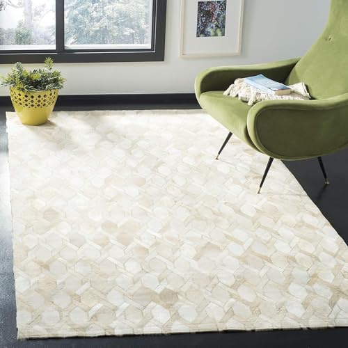 RXRENXIA 100% echtes Leder handgefertigter Rindsleder-Teppich Patchwork-Hausdekoration Western-Süd-Unikat Boho-Elfenbein natürliches Kuhfell Kuhfell-Teppich,4x6ft