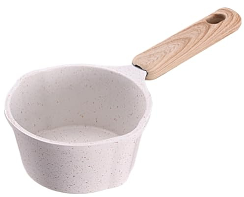 Kexpery Mini casseruola antiaderente con manico in legno con beccuccio per versare, piccola casseruola antiaderente, per cucina, cottura a induzione, fornello a gas da campeggio (bianco)