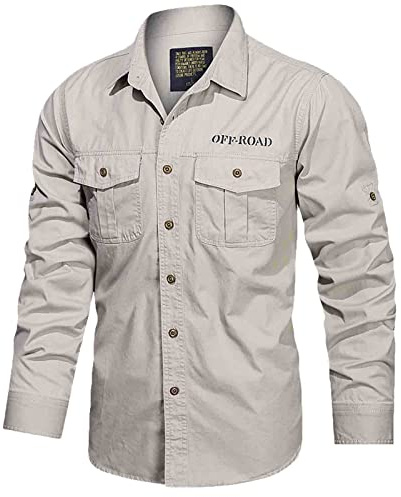 Camicie da lavoro semplici in cotone tinta unita da uomo - Camicie a maniche lunghe con bottoni, camicie da esterno, giacca a due tasche, camicie tattiche militari in tinta unita, top regular fit,