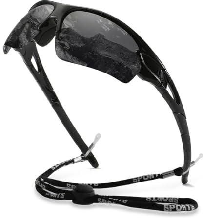 yoofun Sonnenbrille Herren Polarisiert, Sonnenbrille Herren Sport zum Baseball Laufen Radfahren Angeln Golfen UV400-Schutz Sonnenbrille mit Schnur, Schwarz