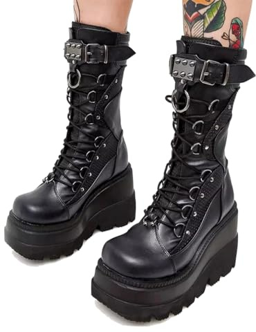 XYKHUI Womens Gothic Punk Platform Boots Chunky Wedge Heel Combat Boots Lace-Up and Zipper Round Toe Mid Calf Motorcycle Boot