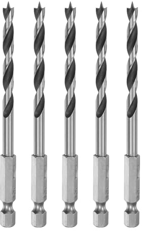 QUARKZMAN 5Pcs Foret Pointe Brad 5mm en Acier à Roulement Tige Hexagonale de 1/4 Forets à Bois Longueur de Travail de 2.01 Outil de Perçage en Spirale pour Bois Tendre Contreplaqué