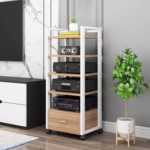 Blazea HiFi Rack 5-stufiger AV-Medienständer mit Schublade, Beweglicher Audio-Video-Schrank Auf Rädern, Verstellbare Regale, Komponenten-Aufbewahrungsturm für Plattenspieler, Stereoanlage