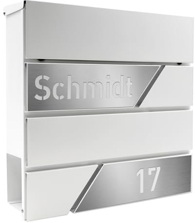 Albers Design Briefkasten Weiß Edelstahl [WASSERDICHT] - Briefkasten mit Name in Eisenglimmer - Wandbriefkasten mit Namensschild Postkasten Weiß (Made in Germany) briefkasten mit Hausnummer