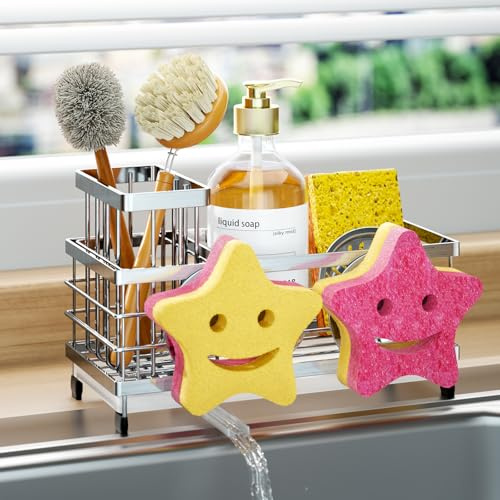 HapiRm Kitchen Sink Caddy Organiser - Self-draining Sponge Holder with Smiley Face and Removable Brush Holder, Stainless Steel Sink Tidy Organiser for Countertop Kitchen Storage & Organisation, Silver
