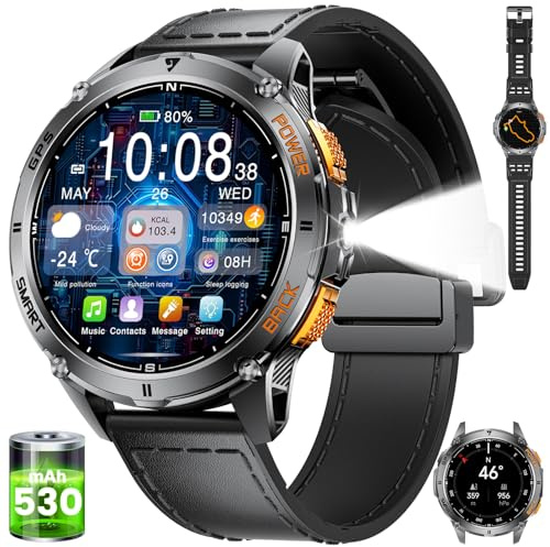 ESFOE Smartwatch Herren GPS mit 5ATM Wasserdicht Smart Watch, Barometerdruck/Höhenmesser, 1,43'' AMOLED Fitnessuhr Herren mit 170+ Sportmodi, Kompass für Android iOS, 2 Lederarmband