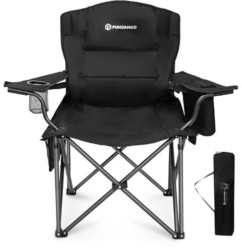 FUNDANGO Camping Chairs for adults, Heavy Duty Camping Chair 205KG, Oversized Chairs for heavy people, xl folding camp chair with Cup Holder and Cooler Bag for Outdoor Picnic Fishing (Black)