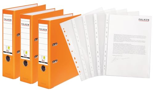 Original Falken 3er Pack PP-Color Ordner inklusive 100er Economy PP-Kunststoff Prospekthüllen transparent genarbt. Made in Germany. 8 cm breit DIN A4 orange
