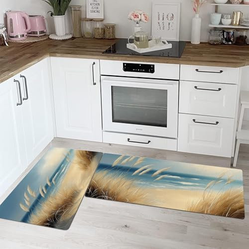 Tappeto da cucina 2 pezzi antiscivolo Set di tappetini da cucina lavabili per l'ingresso del corridoio della cucina e la sala da pranzo Canne Da Spiaggia Cielo Oceano 45 * 75cm+45 * 150cm