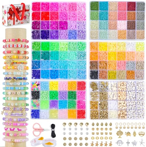 SJZWSD Perlenset für Armbänder – 16000 bunte Perlen mit deutschen Buchstaben (Ä, Ö, Ü, ß), DIY Armbänder selber machen, Schmuck Bastelset aus Polymer Clay und Glasperlen