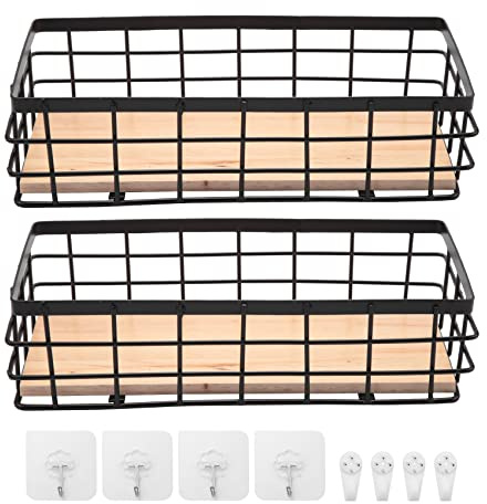 Wadakada Paquete de 2 Canastas de Almacenamiento de Metal con Base de Madera, Canastas Decorativas para Almacenamiento en el Hogar, Canasta de Alambre para Organizar Vajillas Pequeñas