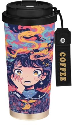 Anxious Girl - Vaso de viaje para café borgoña con tapa, acero inoxidable, aislado, para bebidas calientes y frías, a prueba de fugas, 481.9 g