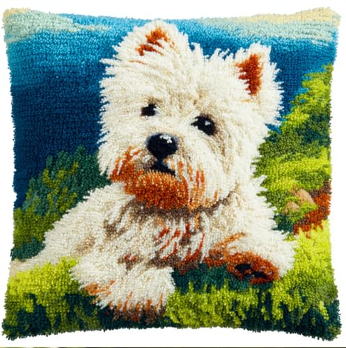 Taxpy 43Cmx43Cm Für Kinder Und Erwachsene, Westie Hund Welpe Weiß Grün Gras Diy Tier Landschaft Knüpfkissen Stickkissen Knüpfset Mit Bedruckter Leinwand Knüpfpackung Zum Selber Knüpfen Teppich Lat