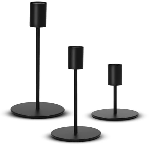 Set di 3 Portacandele in Metallo Nero – Candelabri Vintage da Tavolo 16/14/8,5 cm – Decorazioni Eleganti per Matrimoni Natale Cene a Lume di Candela