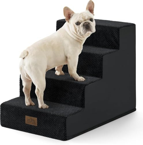 COZY KISS Hundetreppe für Kleine Hunde, 4 Stufen Breiter Haustiertreppe | Katzentreppe mit abnehmbarem bezug, 60cm hoch, 30D hochdichtem schaumstoff,für bett couch auto,rutschfester boden, Black