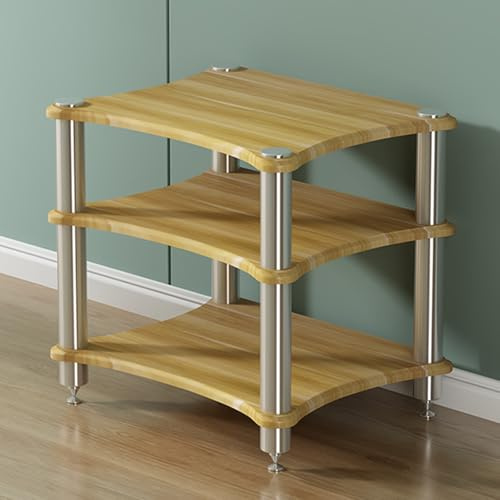 Light Walnut Audio Rack - 3-Tier Movable Media Stand for Stereo Record Player & Receiver - Adjustable Heavy-Duty AV Tower for Home Theater & Studio (60x)