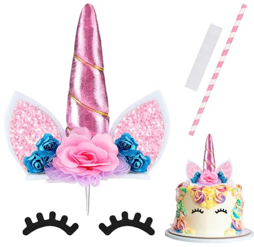 Unicorn Cake Toppers, Cake Decorations Rose Floral Unicorn Cake Insert Decoration Glitter Cupcake Topper with 1 Pair Eyelashes Straw Baking Decorations for Christmas Kids Baby Shower Birthday (Pink)