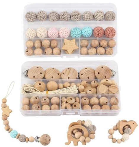 Lawnrden Holzperlen, Macrame -Perlen 84pcs/Set Natrual Macrame Holzhäkchen mit Clips für Baby -Schnullerkette, Armbänder, DIY -Handwerk und Makrames