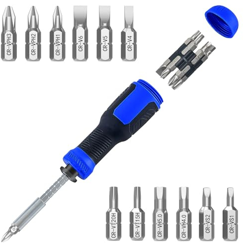 Multi-bit Screwdriver, 13-in-1 Screw Driver Adjustable Mini Screwdriver Set Multitool All in One with Torx Security, Phillips, Hex, Flat Head, Square and 1/4 Nut Driver (Blue)