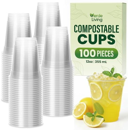 Verde Living 12oz Clear Compostable Cups, 100 Pack Natural Plant-Based Plastic Alternative, BPA Free Biodegradable PLA Disposable Cold Cups for Parties, Coffee, Wine, Smoothies & Everyday Use