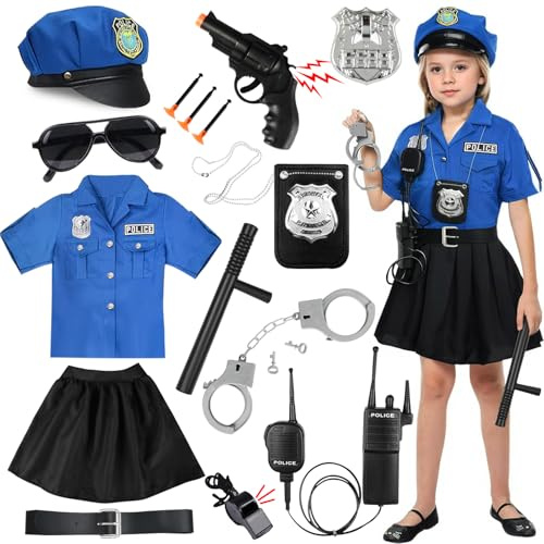 Disfraz Policia Niño, Disfraz Policia Niña Disfrazs de Policía Niña,con Police Camisa Falda Sombrero Silbato Bastón Pistola de Juguete Walkie Talkie para Carnaval Halloween Juego Rol (120-130CM)