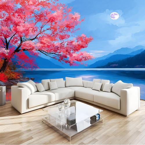 Blu Navy Rosa Muralo - Natura Montagne Luna Fiori Fiori Di Ciliegio Carta da parati 3D per cameretta dei bambini in tessuto non tessuto, per ragazze e ragazzi decorazione da parete 200 x 140 cm