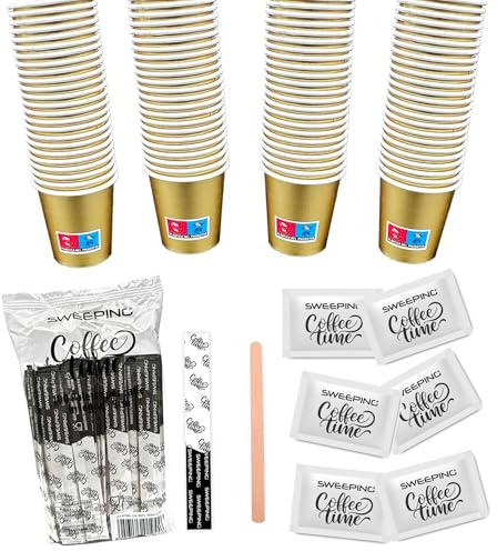 kit bicchieri caffe e palette zucchero monouso150 Bicchierini Caffè + 150 Palette + 150 bustine zucchero - Bicchieri 65 ml in Carta e Palettine Usa e Getta Riciclabile, Colore Oro Metallizzato
