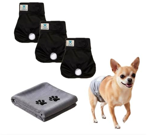 WuffWindel 3 Wiederverwendbare, waschbare Hundewindel mit Mikrofaser Handtuch - Saugfähige, umweltfreundliche Windel für Hunde (Schwarz, S, 3 Stück + Handtuch für ihren Hund)