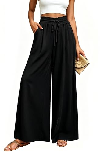 Koerye Pantalones Mujer Verano Anchos Comodo Ligeros Pantalon Casual Palazzo Ligeros Pantalones Elegantes Elástica Pantalon con Bolsillos