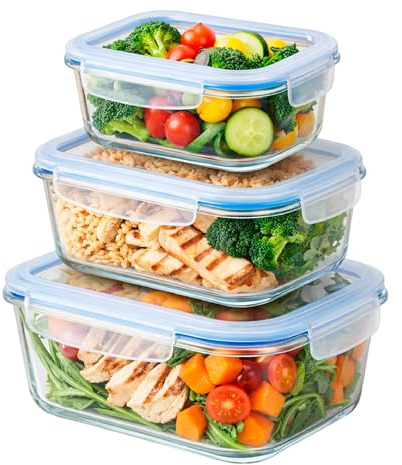 TIENDA EURASIA – Set de 3 Fiambreras | Tapa Hermética | Vidrio + Plastico PP + Silicona | 370 ml + 620 ml + 1040 ml | Transparente y Azul | Apto para Lavavajillas | No Apto para Microondas