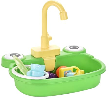 Set da Gioco da Cucina, Lavello per Bambini con Acqua Corrente, Lavello da Gioco con Rana in Plastica con Rubinetto Girevole a 180°, con Modello Giocattolo Verdura, Frutta, Stoviglie, Detersivo e Ces