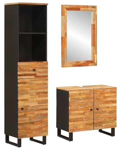 HengCaDa Solid Mango Wood Bathroom Furniture Set with Washbasin, Drawer, Mirror and Shelf, Space-Saving for Bathroom, Guest Toilet, with Lots of Storage Space and Modern Storage