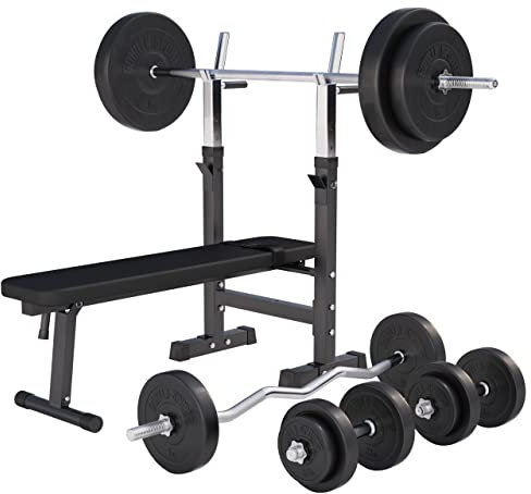 GORILLA SPORTS® Hantelbank - inkl. Hantelset 38/70/100kg, Ablage, Dip-Station, Höhenverstellbar, Klappbar, bis 200kg, Schwarz/Weiß - Trainingsbank mit Langhantelset, Drückerbank, Schrägbank, Flachbank