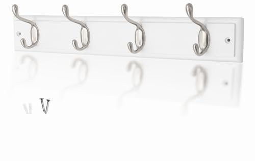 keypak 4-Hook Wall-Mounted Coat Rack, 45cm - White Wooden Board, Satin Nickel Coat Hooks - Fixings Included