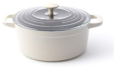 Kitchen Stories CC003209-001 SimmerPro Cocotte 24 cm/4,3 L avec couvercle autonettoyant trempé, céramique saine, antiadhésif, aluminium, ustensile en métal/induction/lave-vaisselle/four, Blanc