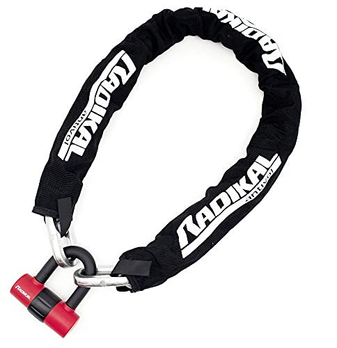 RADIKAL RK7214 Lucchetto Antifurto Catena Quadrata, Doppia Funzione, 120cm e Mini U Bloccadisco 14mm + Cavo Promemoria