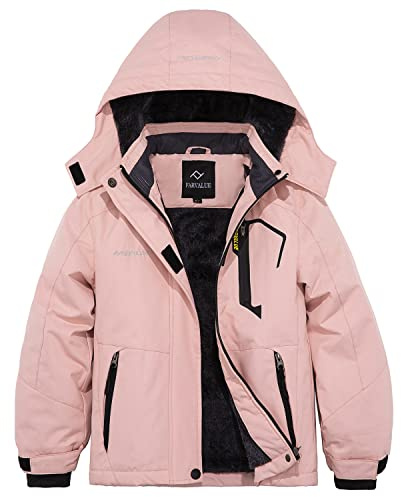 FARVALUE Girls Waterproof Skiing Jacket Windproof Winter Coat Warm Snow Coat with Removable Hood Pink 8-9