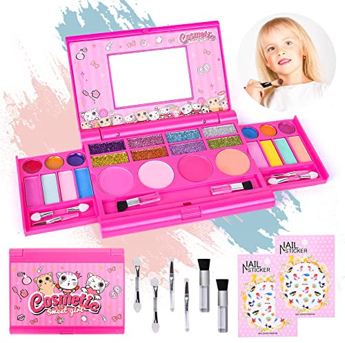 FORMIZON Kinderschminke Set Mädchen, Waschbar Make up mit 2 Pcs Meerjungfrau Nagelaufkleber, Kinder schminke Set Mädchen, Makeup Rollenspiel Spielzeug Makeup Palette, Geschenk Spielzeug Mädchen