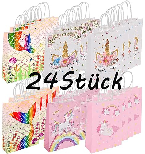 24 Stück Papiertüten Kindergeburtstag,Papiertüten Mit Henkel,Geschenktüte Kinder,Partytüten Einhorn für Kinder Party, Giveaways,Verpacken von Geschenken, Hochzeit, Party