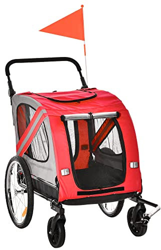 PawHut Remorque à vélo pour Chien Convertible Jogger 2 en 1 pour Animaux avec Drapeau réflecteurs - Rouge
