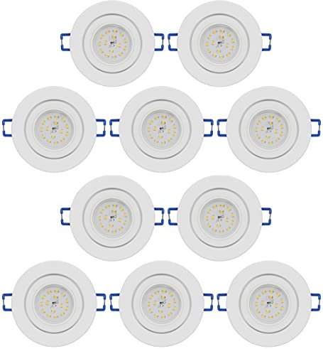 McShine - Einbaustrahler-Set 10x LED-Deckenspot | Rahmen + LED-Modul | Einbauspot IP44 für Feuchträume weiß rund Ø83mm, 400 lm Licht warmweiß 3000K, LED-Einbauleuchten für Keller, Bad, Küche