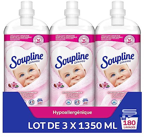 SOUPLINE Adoucissant Linge Hypoallergénique Concentré Senteur Amande Douce, Assouplissant Linge Formule Améliorée pour Plus de Douceur*, Assouplissant Textile Liquide, Soupline Lot de 3x1,35L