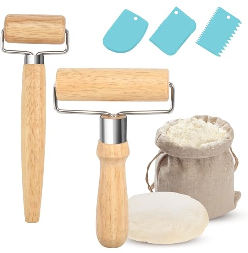 Teigroller klein, 2 Stücke Teigroller mit 3 Stück Teigschaber, Kleine und Mittlere Teigrolle Holz Geeignet zum Ausrollen für Teig der Hand Pizza Desserts Knödelhäuten