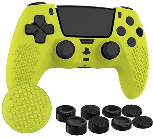 MyGadget Silikon Hülle kompatibel mit PS5 Controller - mit 8 Thumbsticks [ 2X Paar Hoch | 2X Paar Tief] - PlayStation 5 Dualsense Wireless Skin in Neon Gelb